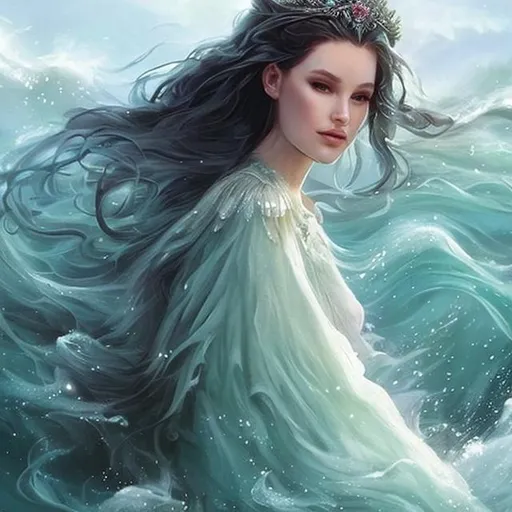 Prompt: fantasy princess of the waves coming out of the water, modest dress that flows into the waves, long black hair, epic, romantic ethereal realistic painting