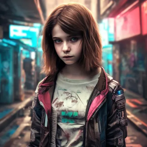 Prompt: A hyper realistic cyberpunk photo of a teenaged girl with brown hair modestly dressed. 