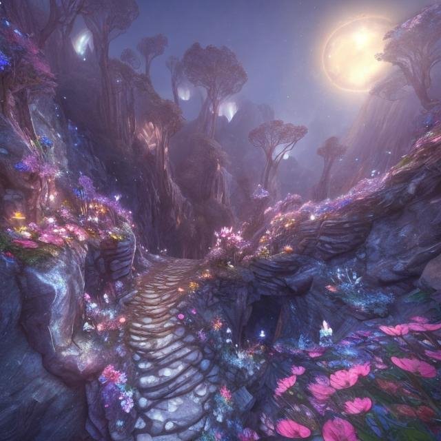 Prompt: a crevice in the ground, and open ravine. Growing on the side of the cliff are glowing, crystal, huge ethereal silver light flowers, opening slowly. It is a romantic, beautiful, magical, night. Ethereal land. The rocks have glowing cracks running through them.  a Fairy star island. Nature, beauty. There are fairies sitting on the flowers, dancing, laughing. Glowing moss, foxfire moss on the rocks. 