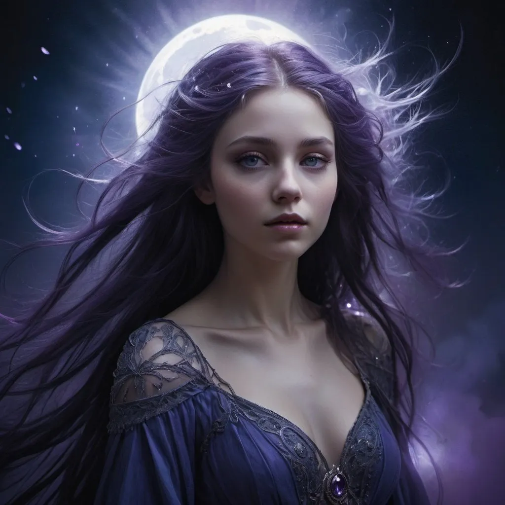 Prompt:  evocative storytelling, digital art, intricate details, deep blues, purples, blacks, dramatic lighting. Pale fantasy maiden, standing in the midst of a ray of moonbeams, with her hair down around her. She is stunning. 