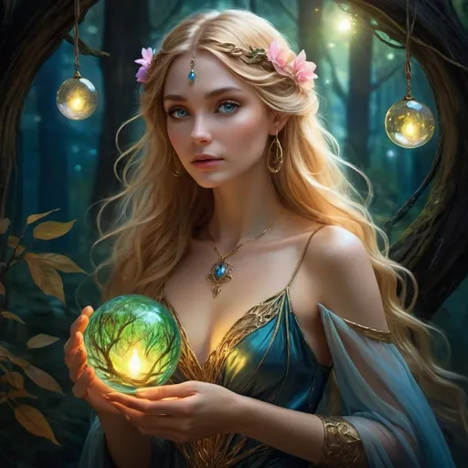 Prompt: Enchanting fantasy maiden with elvish features, pointed ears, captivating gold eyes, flowing brown golden blonde hair, long and wavy, delicate hands holding a swirling orb in golden, blue, pink, and green hues. Dark, shadowy forest backdrop illuminated by the light, revealing glowing lights fluttering around. Tangled locks cascading around her shoulders, adorned with charms, multiple bracelets, and a modest gown ethereal dress of leaves and flowers. Exuding an impish aura, reminiscent of a storybook illustration, set in the nighttime ambiance. Fantasy painting, image, digital art, beautiful, elegant, stunning