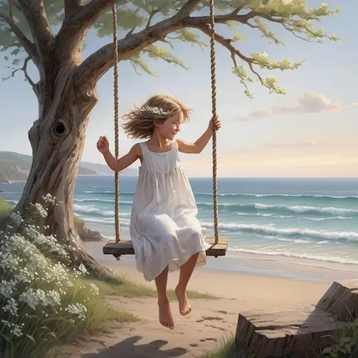 Prompt: Cliffs overlooking the seaside, dynamic waves crashing, rustic wooden fence lining the cliff edge, expansive ocean view with a distant horizon, sky painted with the colors of dawn, a solitary tree standing prominently with thick, twisting branches, a weathered swing gently swaying, an innocent child with ringlet hair and sparkling gray eyes, dressed in a flowing white homespun dress adorned with little white flowers, wild blooms scattered around, a charming woven rope swing hanging from a sturdy branch, capturing a moment of pure joy and innocence, detailed illustration blending realism with a touch of fantasy, vibrant and bright color palette bringing the scene to life, warm and inviting lighting enhancing the emotional connection