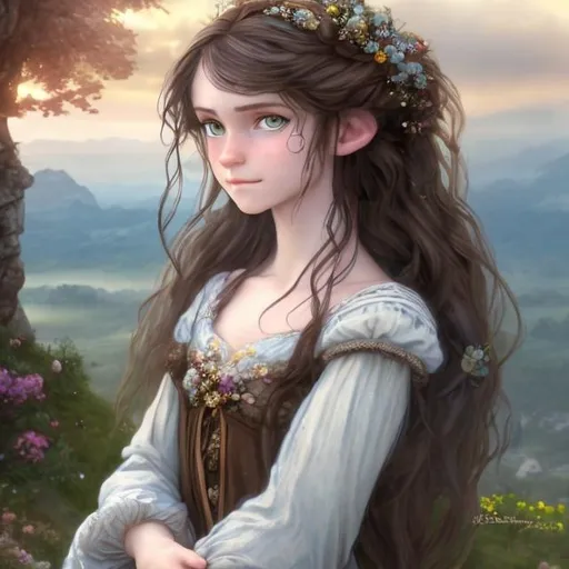 Prompt: A full shot of a fantasy maiden, soft blue eyes and dark brown hair, long and flowing. She has small eyes and small lips, realistic. She is dressed in a fantasy outfit, a traveling peasant's clothes, modest. She gazes off into the distance romantically, longingly, dreamily. Background is a beautiful, magical, ethereal view, a valley with a beautiful castle. Ethereal, epic, photorealistic image. 