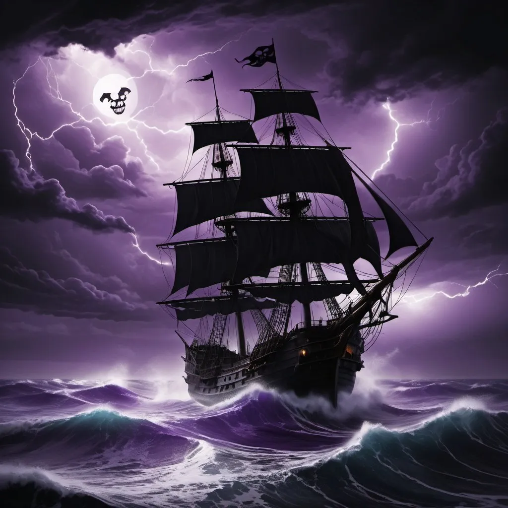 Prompt: Majestic stormy seascape, tumultuous ocean waves, dramatic ship sailing, fierce storm clouds, lightning strikes, thunder rumble, mysterious atmosphere, dark and ominous skies, pirate ship silhouette, billowing black sails, purple flag fluttering, devil's ship "Soul Desert", supernatural elements, devil figure on deck, albatross perched, fantasy concept art, detailed illustration, high contrast colors, dynamic composition, eerie purple and black color scheme, dramatic lighting effects.