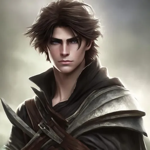 Prompt: There is a fantasy young man, handsome, with a square, masculine jaw and a determined look on his face, he has green eyes and medium length brown hair, that covers one eye. He looks serious, cautious. He is dressed in a fantasy ranger cloak. His hair comes down over his eyes. Photorealistic, hyperrealistic.