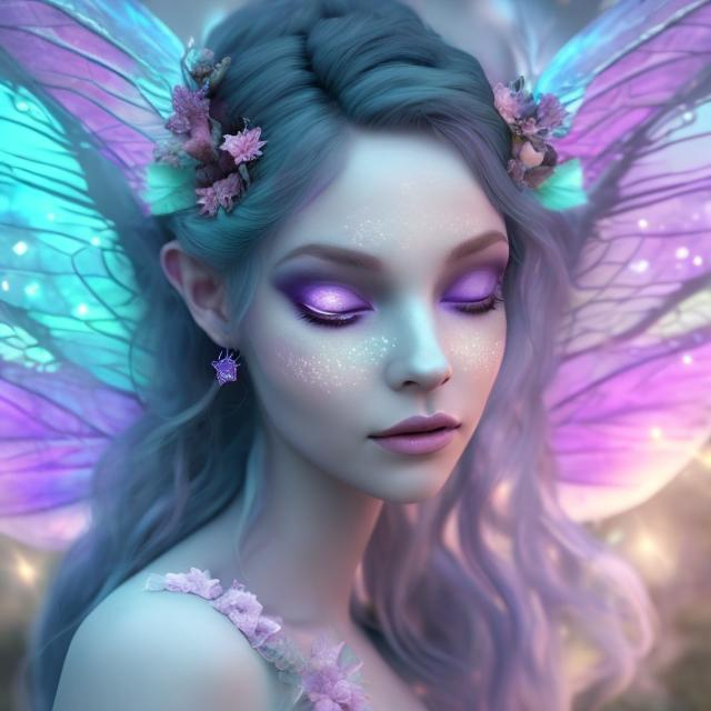 Prompt: an ethereal fairy goddess,dreamscape , night forest background, pastel aqua and purple, facial closeup