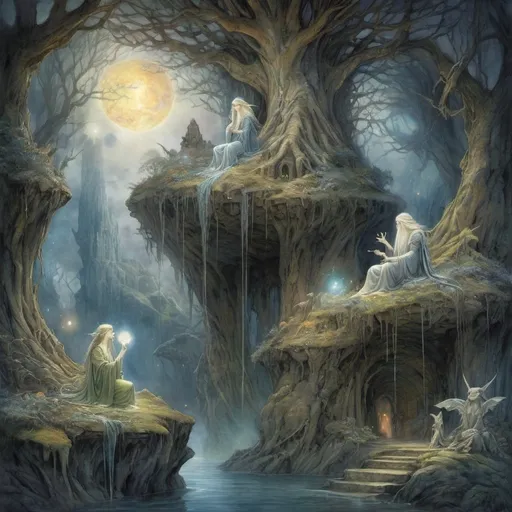 Prompt: Mystical dream realm, celestial landscapes, floating islands, ancient ruins, magical forests, ethereal beings, glowing crystals, mythical creatures, cosmic skies, heroic figures, epic quests, vibrant and surreal colors, intricate details, fantasy art style, enchanting lighting, high resolution, imaginative and otherworldly, by Brian Froud and Alan Lee, DeviantArt.