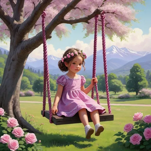 Prompt: There is a lovely, serene, peaceful, feeling evoking landscape. In the middle of this lovely valley of lush green grass, runs a river. A white picket fence lines the yard and the dark shapes of gorgeous purple hues outline the shapes of mountains on the horizons, hemmed by the sky that is as light and pink and beautiful as dawn. There is a tree in the center of the yard, with lush leaves and thick, strong branches. A swing hangs from a high branch, the little seat possessed by a lovely, innocent, sweet, serene child, her hair in braids and her brown eyes sparkling from under her bangs as she swings. Her little red dress matches the dawn. The tree is adorned with little white flowers and buds and blossoms and blooms, and one such bloom adorns the child’s hair, the ropes of the swings are made of woven rope and leaves and roses pink. Roses are woven in the ropes of the swing. Joyful delightful, emotion evoking.