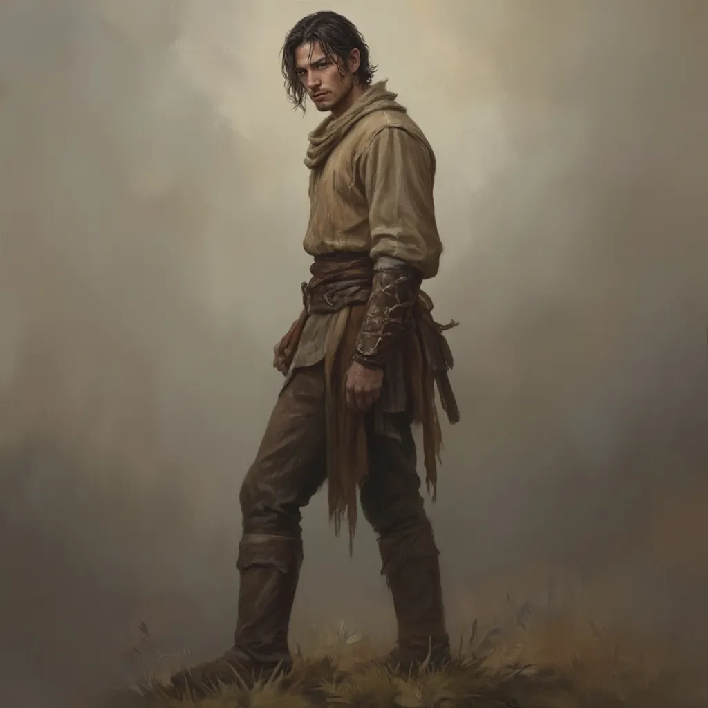 Prompt: (melancholy expression), goat herder, (handsome face), attractive features, medium length dark hair, wearing a simple woolen shirt, medieval boots, strong and tall physique, fantasy setting, (epic aesthetic), beautiful details, ethereal background with soft lighting, rich colors, dramatic shadows, oil painting style, (masterpiece quality), conveying a sense of longing and introspection.