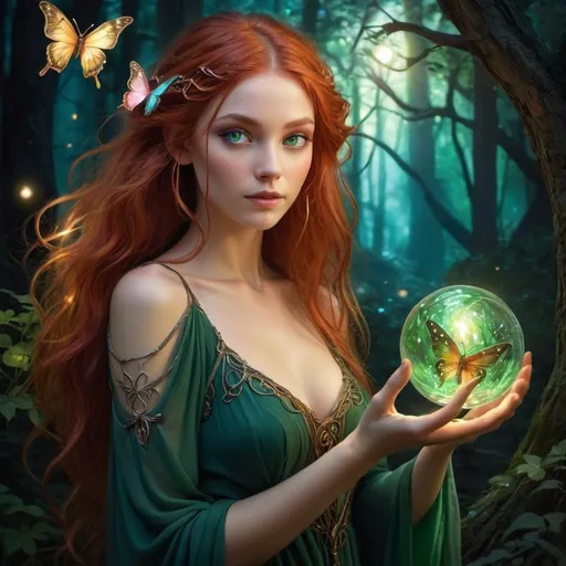 Prompt: Enchanting fantasy maiden with elvish features, pointed ears, captivating green eyes, flowing red hair, long and wavy, delicate hands holding a swirling orb in golden, blue, pink, and green hues. Dark, shadowy forest backdrop illuminated by the orb's light, revealing glowing pixies with butterfly wings fluttering around. Tangled locks cascading around her shoulders, adorned with charms, multiple bracelets, and a green dress matching her eyes. Exuding an impish aura, reminiscent of a storybook illustration, set in the nighttime ambiance.