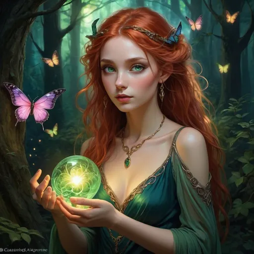 Prompt: Enchanting fantasy maiden with elvish features, pointed ears, captivating green eyes, flowing red hair, long and wavy, delicate hands holding a swirling orb in golden, blue, pink, and green hues. Dark, shadowy forest backdrop illuminated by the orb's light, revealing glowing pixies with butterfly wings fluttering around. Tangled locks cascading around her shoulders, adorned with charms, multiple bracelets, and a green dress matching her eyes. Exuding an impish aura, reminiscent of a storybook illustration, set in the nighttime ambiance. Fantasy painting, image, digital art, beautiful, elegant, stunning