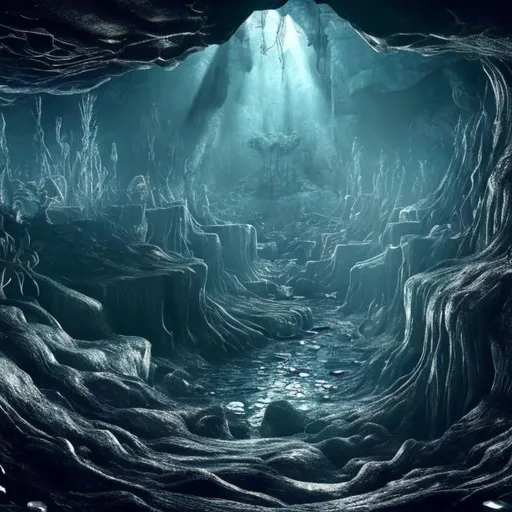 Prompt: Deep in a cavern in the ground, there is a place where silver rocks grow. A river flows through the cavern at the bottom, cool water. There lies a glass coffin in the cavern, with cracks running through the glass surface. Fantasy image, super detailed, hyperrealistic, photorealistic. 