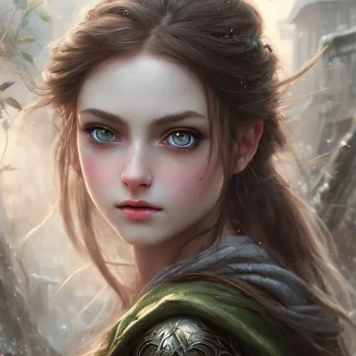 Prompt: There is a fantasy maiden, beautiful, with a piercing gaze, she has soft green eyes and brown hair.. small eyes, small lips, no makeup. photorealistic. She is dressed in modern clothes. Epic, romantic fantasy painting. Super detailed painting