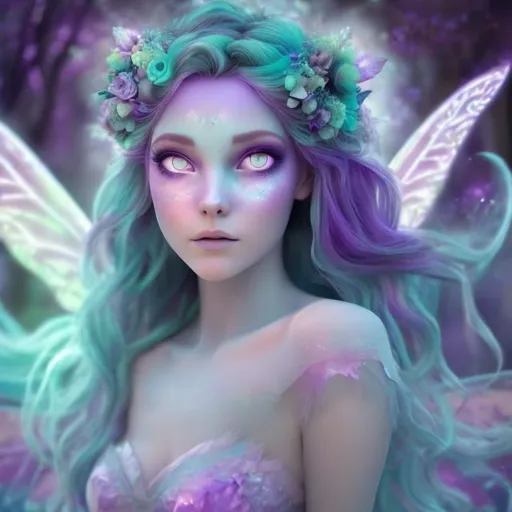 Prompt: an ethereal fairy goddess,dreamscape , night forest background, pastel aqua and purple, facial closeup