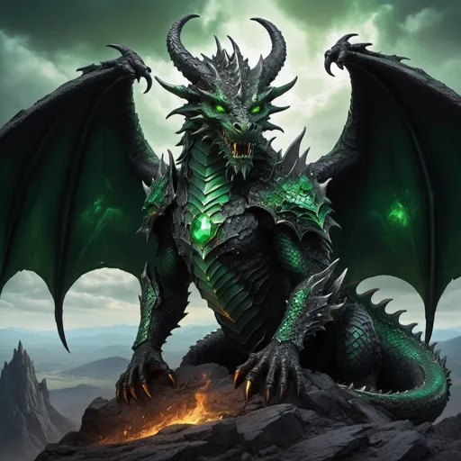 Prompt: Enormous humanoid figure, dragon scales, dragon head, black tattered wings filling the sky, green glistening eyes, evil aura, two horns, emerald ring, standing atop a desolate, charred mountain called the Whisperlands, epic fantasy portrait, storybook style, detailed and intricate design, dark and dramatic lighting, vibrant greens and golds, ominous atmosphere. 