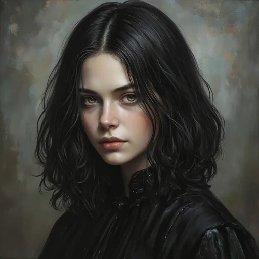 Prompt: (beautiful fantasy portrait), young wizardess, (sharp features), dark eyes, pale skin, dark shoulder-length hair, wearing all black, modest attire, oil painting, epic atmosphere, dramatic lighting, intricate details, ethereal background, enchanting ambiance, vibrant contrasts, capturing the essence of magic and allure, ultra-detailed, always captivating, evokes a sense of wonder.