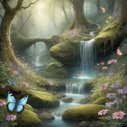 Prompt:  Enchanted forest glade, vibrant wildflowers, sparkling dew drops, ancient moss-covered stones, cascading waterfall, ethereal mist, delicate butterfly wings, shimmering fairy dust, soft pastel color palette, magical glow, whimsical and dreamy atmosphere, fantasy illustration, intricate details, soft and diffused lighting, mystical ambiance, by Amy Brown and Brian Froud, DeviantArt.