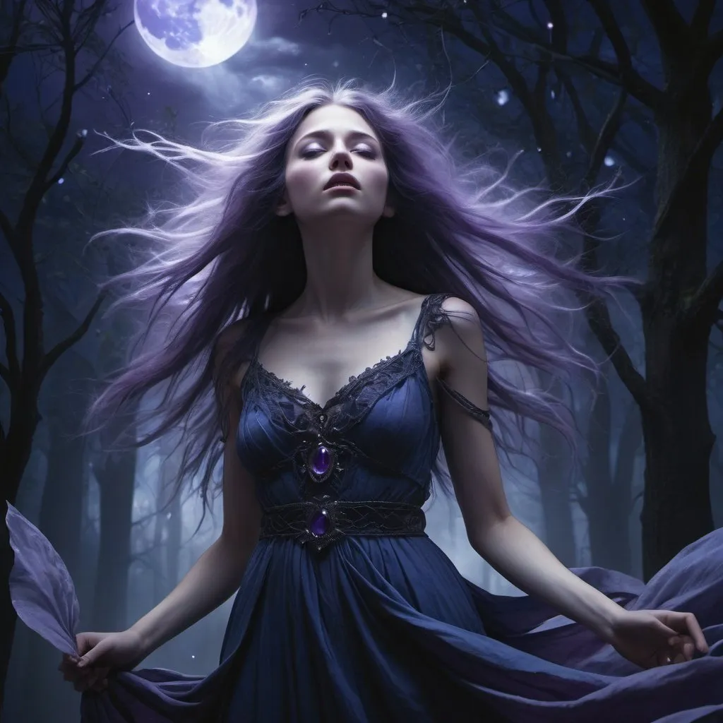 Prompt:  Does it please you, to hear the screams? evocative storytelling, digital art, intricate details, deep blues, purples, blacks, dramatic lighting. Pale fantasy maiden, standing in the midst of a ray of moonbeams, with her hair down around her. She is stunning. 