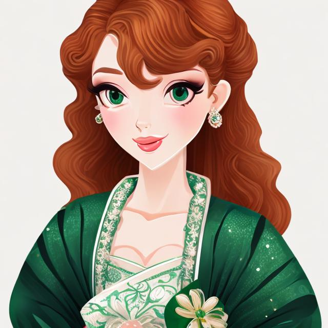 Prompt: Elegantly dressed lady, emerald evening gown, ginger hair in an uodo, pretty makeup, facial closeup, in a cartoon style