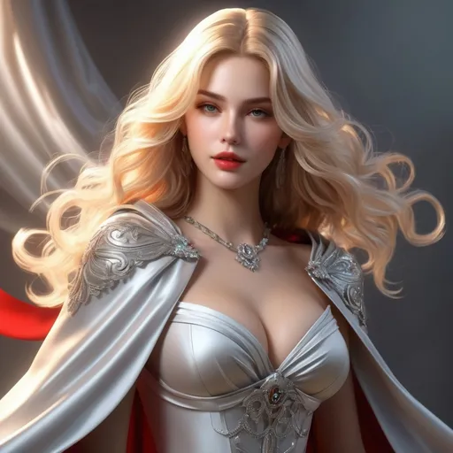 Prompt: splash art, hyper detailed, ultra realistic, highly detailed, surreal heavy mist, AI defined exquisitely beautiful, totally ultra realistic young adult woman, gorgeously detailed facial features, sumptuous cleavage, perfect body proportions, ultra pale, ultra glamorous long blonde hair girl (wearing floor length silver satin cape tied around neck with red ribbon ties:1,3) , walking in a swirling fog,

Perfect studio lighting, perfect shading, impeccable contrast, HDR, UHD, high res, 64k, cinematic lighting, special effects, hd octaneArtgerm, WLOP, dynamic studio quality lighting hyper-detailed, intricately detailed, Splash art, trending on Artstation, triadic colors, Unreal Engine 5 volumetric lighting, unreal engine, octane render.