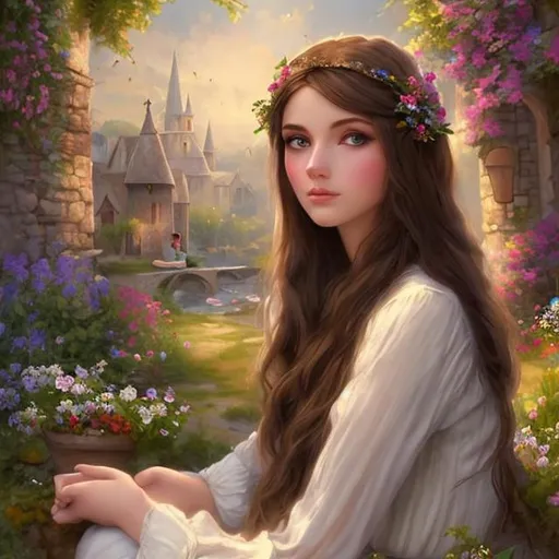 Prompt: fantasy brunette maiden wearing a modest simple dress, daydreaming, 
background of a romantic village
enchanting painting