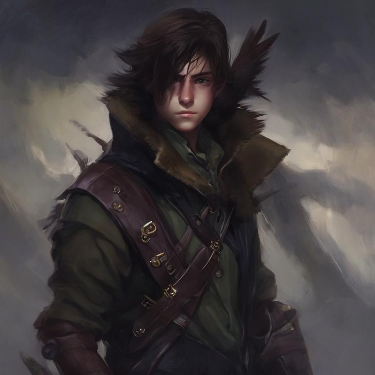 Prompt: head portrait of a teenaged fantasy hunter with perfect dark brown hair. Wearing the clothes of a huntsman. sort of handsome, light eyes. Epic, realistic, romantic painting