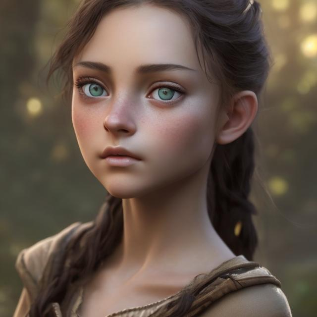 Prompt: There is a fantasy young woman/older girl, beautiful, with a piercing gaze, she has a distant, almost dreamy look, a little disdainful, she has striking green eyes and brown hair. small eyes, small lips, no makeup. photorealistic. Tan skin. Small eyes, realistic