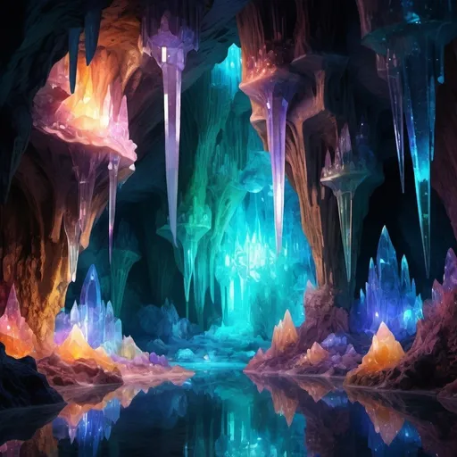 Prompt: Glowing crystal cavern, vibrant colors, shimmering reflections, magical ambiance, ethereal glow, intricate patterns, majestic stalactites, sparkling stalagmites, hidden passageways, mysterious shadows, fantasy setting, digital art, high resolution, detailed textures, iridescent hues, soft and enchanting lighting.