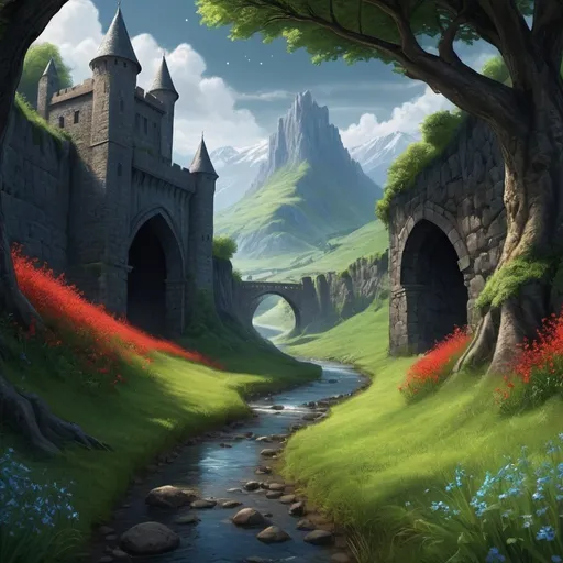 Prompt: there is a gorgeous landscape of green grass stretching away over lush hills. In this valley there is a river running through it, its bubbling rippling spiraling sparkling waters blue and silver. There are little red flowers along its banks. There is a grove of trees a little ways off, along a dirt path that serves as a road, leading to the mighty stone walls of Rainer's City, the city of Athogale. It is a medieval fantasy kingdom, with black walls and great, looming buildings, fashioned after a mead hall of old. The great gates are closed. The night has come and the stars overhead twinkle down from their place in the sky. There are looming shadows approaching the walls. 