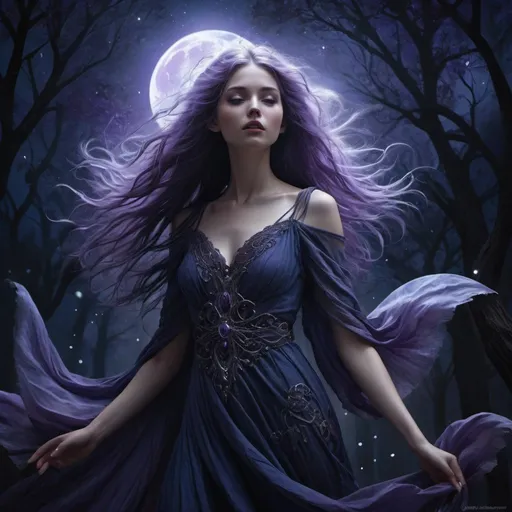 Prompt:  evocative storytelling, digital art, intricate details, deep blues, purples, blacks, dramatic lighting. Pale fantasy maiden, standing in the midst of a ray of moonbeams, with her hair swirling down around her. She is stunning. 