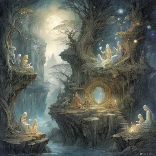 Prompt: Mystical dream realm, celestial landscapes, floating islands, ancient ruins, magical forests, ethereal beings, glowing crystals, mythical creatures, cosmic skies, heroic figures, epic quests, vibrant and surreal colors, intricate details, fantasy art style, enchanting lighting, high resolution, imaginative and otherworldly, by Brian Froud and Alan Lee, DeviantArt.