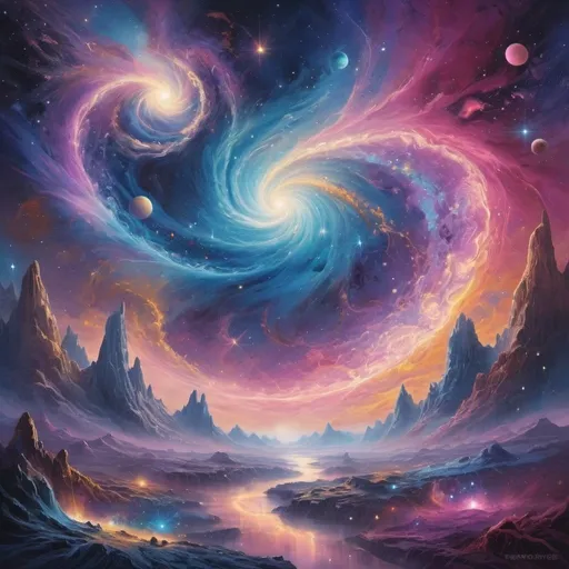 Prompt: A mesmerizing cosmic odyssey unfolds, featuring a celestial vista teeming with ethereal entities and interconnected spirits. The scene is a symphony of swirling galaxies and radiant star clusters, enveloped in a mystical aura that transcends reality. Vibrant nebulae paint the cosmic canvas with hues of cosmic blues, purples, pinks, and golds, creating a surreal atmosphere of cosmic harmony. Ethereal beings traverse this cosmic landscape, resonating with profound emotional connections and weaving a tale of interconnected souls. Futuristic elements subtly enhance the scene, adding a touch of otherworldly charm to the intricate details. Mesmerizing light effects dance across the composition, illuminating glowing celestial bodies and enhancing the storytelling with a cosmic lighting scheme. This digital masterpiece is crafted with high-resolution precision, showcasing the artistry of a cosmic journey through the boundless wonders of the universe. 