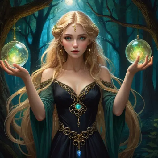 Prompt: Enchanting fantasy maiden with elvish features, pointed ears, captivating gold eyes, flowing brown golden blonde hair, long and wavy, delicate hands holding a swirling orb in golden, blue, pink, and green hues. Dark, shadowy forest backdrop illuminated by the orb's light, revealing glowing lights fluttering around. Tangled locks cascading around her shoulders, adorned with charms, multiple bracelets, and a black mourning gown dress. Exuding an impish aura, reminiscent of a storybook illustration, set in the nighttime ambiance. Fantasy painting, image, digital art, beautiful, elegant, stunning