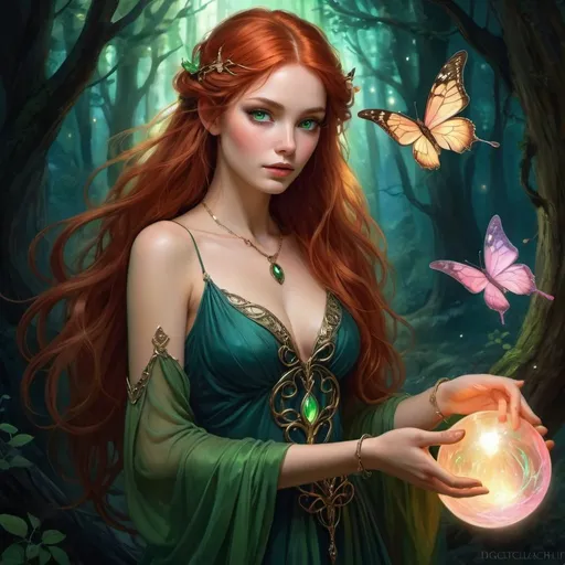 Prompt: Enchanting fantasy maiden with elvish features, pointed ears, captivating green eyes, flowing red hair, long and wavy, delicate hands holding a swirling orb in golden, blue, pink, and green hues. Dark, shadowy forest backdrop illuminated by the orb's light, revealing glowing pixies with butterfly wings fluttering around. Tangled locks cascading around her shoulders, adorned with charms, multiple bracelets, and a green dress matching her eyes. Exuding an impish aura, reminiscent of a storybook illustration, set in the nighttime ambiance. Fantasy painting, image, digital art, beautiful, elegant, stunning