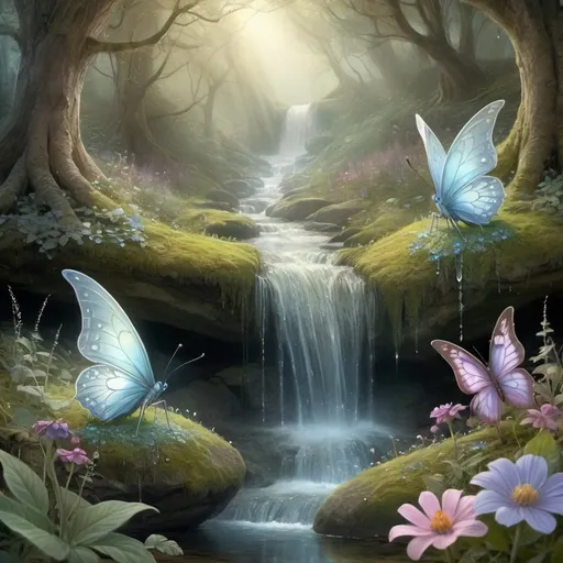 Prompt:  Enchanted forest glade, vibrant wildflowers, sparkling dew drops, ancient moss-covered stones, cascading waterfall, ethereal mist, delicate butterfly wings, shimmering fairy dust, soft pastel color palette, magical glow, whimsical and dreamy atmosphere, fantasy illustration, intricate details, soft and diffused lighting, mystical ambiance, by Amy Brown and Brian Froud, DeviantArt.