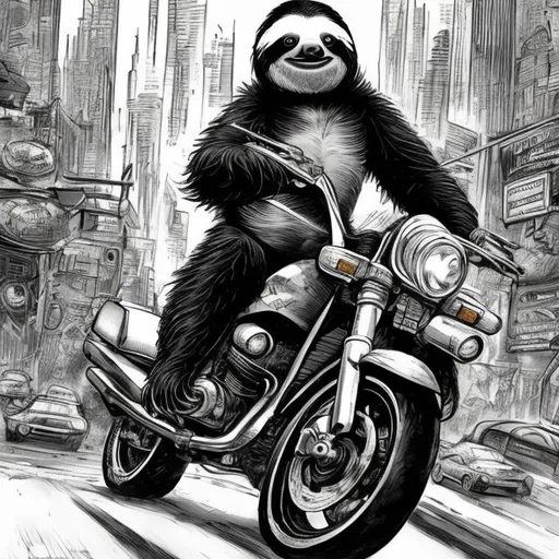 Prompt: a sloth riding a motorcycle through a big city, comic, black and white