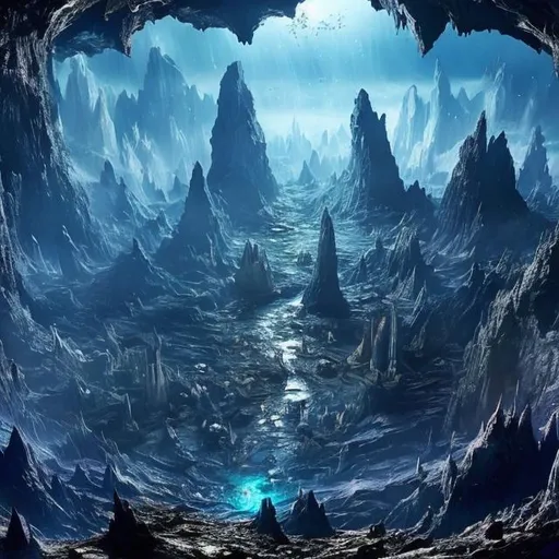 Prompt: Fantasy image, super detailed, hyperrealistic. Deep within a mountain cavern there is an explosion of glass shards, flying through the air and sparkling blue, shattering from a glass coffin. The coffin in shattering breaking. There are colors of blue and silver. It is cold. There is a river flowing on the bottom of the cavern. 