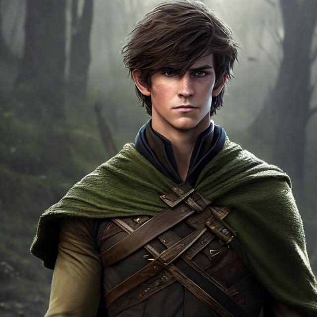 Prompt: There is a fantasy young man, handsome, with a square, masculine jaw and a determined look on his face, he has green eyes and medium length brown hair, that covers one eye. He looks serious, cautious. He is dressed in a fantasy ranger cloak. His hair comes down over his eyes. Photorealistic, hyperrealistic.