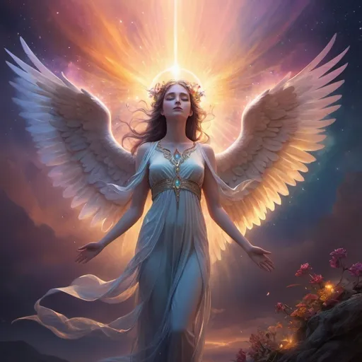 Prompt: Ethereal celestial beings, angelic figures in a vibrant realm, twilight ambiance, mystical whispers, soaring above earthly realm, emotional connection portrayed, beauty within sorrow, silence filled with music, intense and surreal colors, intricate and detailed design, emotional depth through symbolic elements, digital artwork, glowing light sources, soft warm lighting, conveying hope and presence, ArtStation.