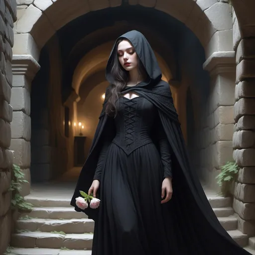 Prompt: Mysterious woman in modest black renaissance attire, reminiscent of a mourning widow, strolling through ancient stone halls, clutching a delicate flower, singing enchantingly. Setting features torch-lit walls casting dancing shadows, built from valley stones, resonating with ancient tales. Character, Kyre Sora, the Siren Lady, exudes elegance with pale complexion, golden eyes, and flowing long hair. Atmosphere evokes epic fantasy with a touch of sadness, emphasizing beauty and grace. Intricate details in clothing and surroundings, rich in emotional depth, creating a scene of captivating melancholy and allure. Black hood and cloak. Fantasy painting, digital painting, pencil sketch. 