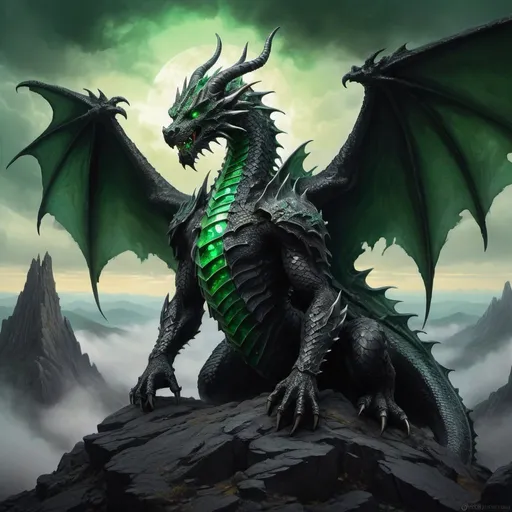 Prompt: Enormous humanoid figure, dragon scales, dragon head, black tattered wings filling the sky, green glistening eyes, evil aura, two horns, emerald ring, standing atop a desolate, charred mountain called the Whisperlands, epic fantasy portrait, storybook style, detailed and intricate design, dark and dramatic lighting, vibrant greens and golds, ominous atmosphere. Oil on canvas, digital art, fantasy painting, like something out of a storybook