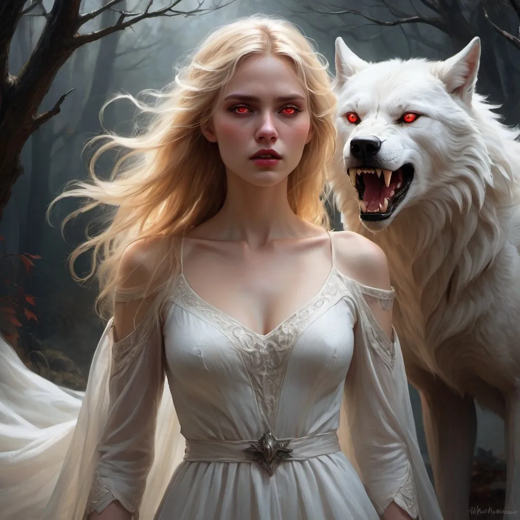 Prompt:  Golden-haired maiden, ethereal beauty, intense gaze, majestic werewolf, towering presence, protective stance, fearsome fangs, glowing red eyes, epic fantasy scene, romantic ambiance, oil painting, digital art, detailed sketch, soft and feathery textures, flowing white gown, long sleeves, mythical creatures, dark and mysterious atmosphere, intricate details, emotional connection, by renowned fantasy artists, ArtStation.