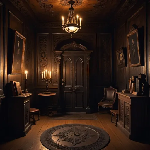 Prompt: Shadowy chamber door, eerie tapping sound, dimly lit room, heavy velvet curtains, ghostly embers casting flickering shadows, mysterious visitor silhouette, haunting atmosphere, gothic decor, intricate wood carvings, vintage candle holders, aged leather-bound books, intricate patterns on the floor, ornate keyhole, ominous silence, dark and brooding color palette, dramatic lighting, by Edgar Allan Poe and Salvador Dali, Artstation. 