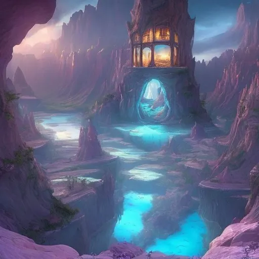 Prompt: A fantasy photo of a magical, fantasy world. There is a canyon with high walls to either side. On the canyon floor there is a glass coffin. Peaceful, serene, magical, romantic. The sides of the glass coffin are clouded over and it is hard to see through them, it is filled with a soft blue water. The sides of the glass coffin are fractured, shattering. All around there are tiny pieces of glass shooting through the air and sparkling. 