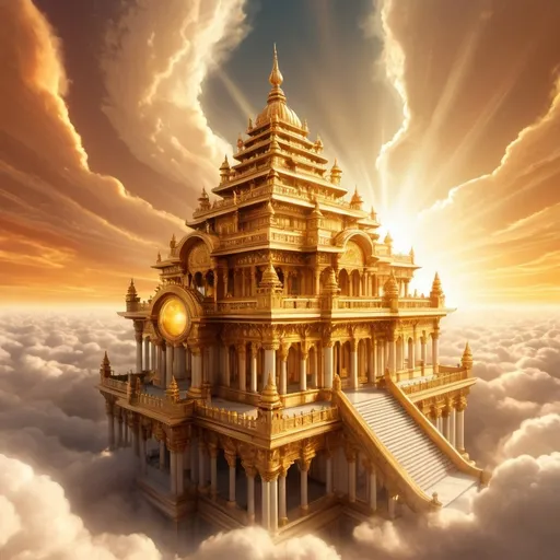 Prompt: Golden marble temple, floating on clouds, celestial setting, grand architecture, intricate gold details, warm sunset sky, gradient of warm colors, flying mythical creatures, ethereal light beams, mystical ambiance, majestic pillars, divine glow, heavenly atmosphere, digital painting, high detail, surreal and enchanting, radiant lighting, fantasy realm.