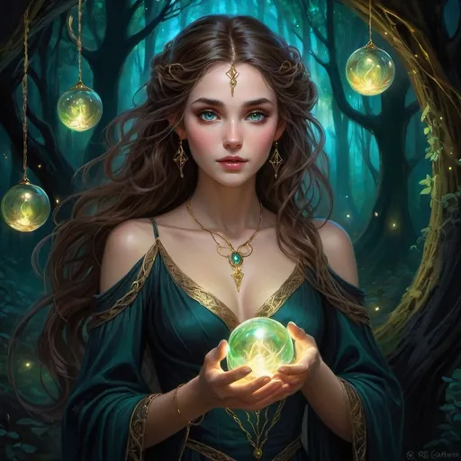 Prompt: Enchanting fantasy maiden with elvish features, pointed ears, captivating gold eyes, flowing brown brunette hair, long and wavy, delicate hands holding a swirling orb in golden, blue, pink, and green hues. Dark, shadowy forest backdrop illuminated by the orb's light, revealing glowing lights fluttering around. Tangled locks cascading around her shoulders, adorned with charms, multiple bracelets, and a black mourning gown dress. Exuding an impish aura, reminiscent of a storybook illustration, set in the nighttime ambiance. Fantasy painting, image, digital art, beautiful, elegant, stunning