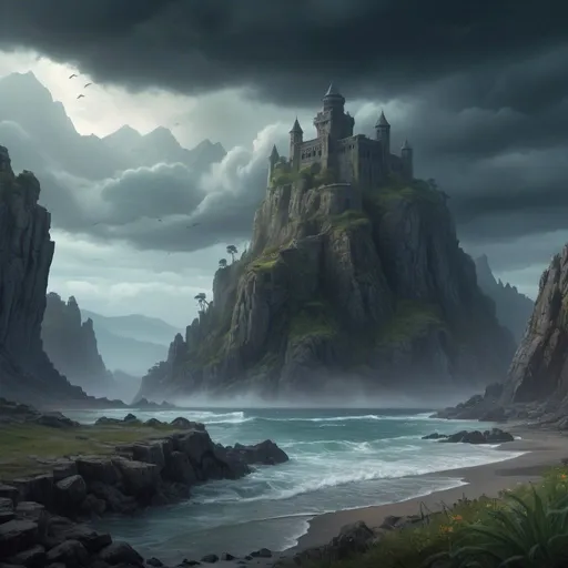 Prompt: Majestic mountains shrouded in mist, towering beyond the sea, ancient roads winding through rugged terrain, Exiled King's fortress atop a cliff, Outlaw Lord's camp in a hidden valley, eerie whispers in the air, Lovecraftian horrors lurking in shadows, dark ambiance with a glimmer of hope, summer sky with a hint of impending storm, the song of Lorrelai echoing through the landscape, intricate details in ruins and vegetation, HDR enhancing colors and contrasts, 4k resolution for immersive experience, award-winning masterpiece capturing the essence of epic romance and cosmic horror. 