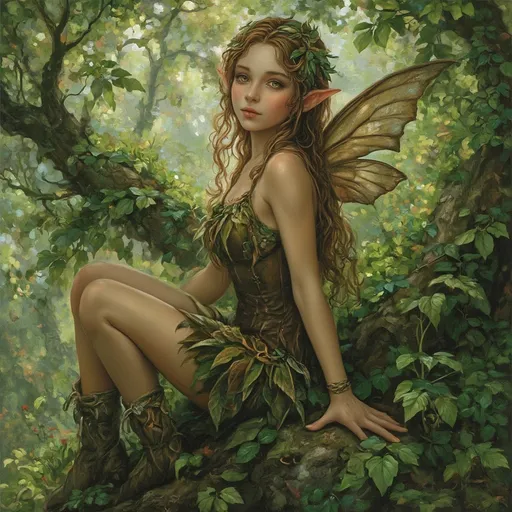 Prompt: (beautiful oil painting portrait), young fae maiden, (deep golden eyes), pale skin, delicate pointed ears, small rounded eyes, long curly hair, simple brown dress made of leaves, modest fantasy boots, enchanting atmosphere, lush magical background, intricate details, vibrant colors, ethereal lighting, high resolution, ultra-detailed.