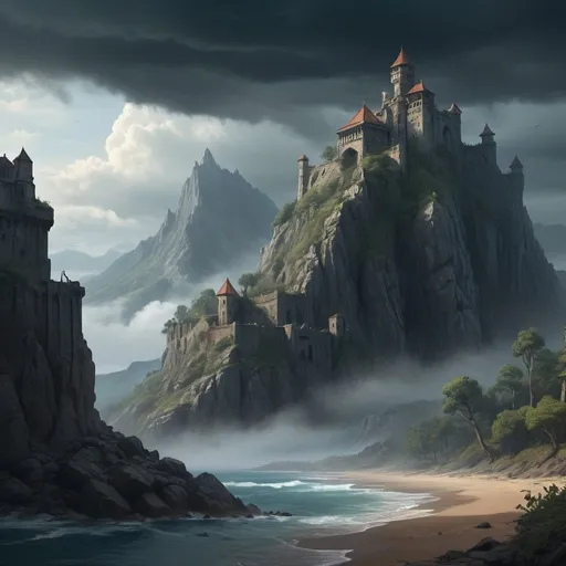 Prompt: Majestic mountains shrouded in mist, towering beyond the sea, ancient roads winding through rugged terrain, Exiled King's fortress atop a cliff, Outlaw Lord's camp in a hidden valley, eerie whispers in the air, Lovecraftian horrors lurking in shadows, dark ambiance with a glimmer of hope, summer sky with a hint of impending storm, the song of Lorrelai echoing through the landscape, intricate details in ruins and vegetation, HDR enhancing colors and contrasts, 4k resolution for immersive experience, award-winning masterpiece capturing the essence of epic romance and cosmic horror. 