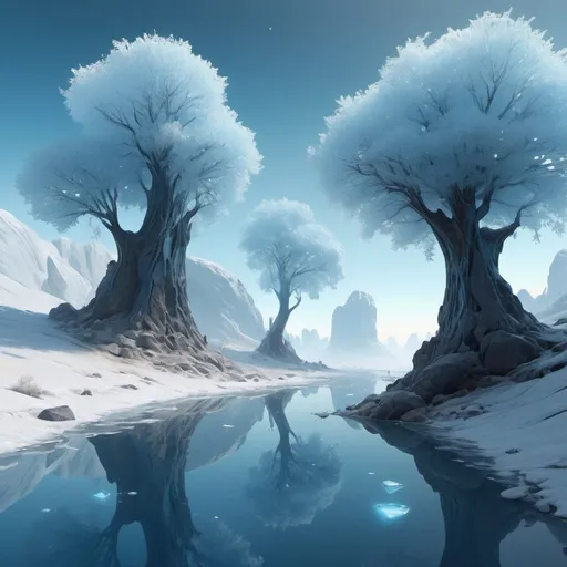 Prompt: Shimmering glass rocks, translucent trees, delicate glass plants, reflective mirrors, surreal mirror world, cold and desolate atmosphere, fantasy realm, ethereal landscape, epic scenery, romantic elements, sci-fi touch, intricate landscaping, digital art, detailed and immersive, vibrant colors, icy blues, frosted whites, mystical lighting, by Alex Andreev, Artstation. 